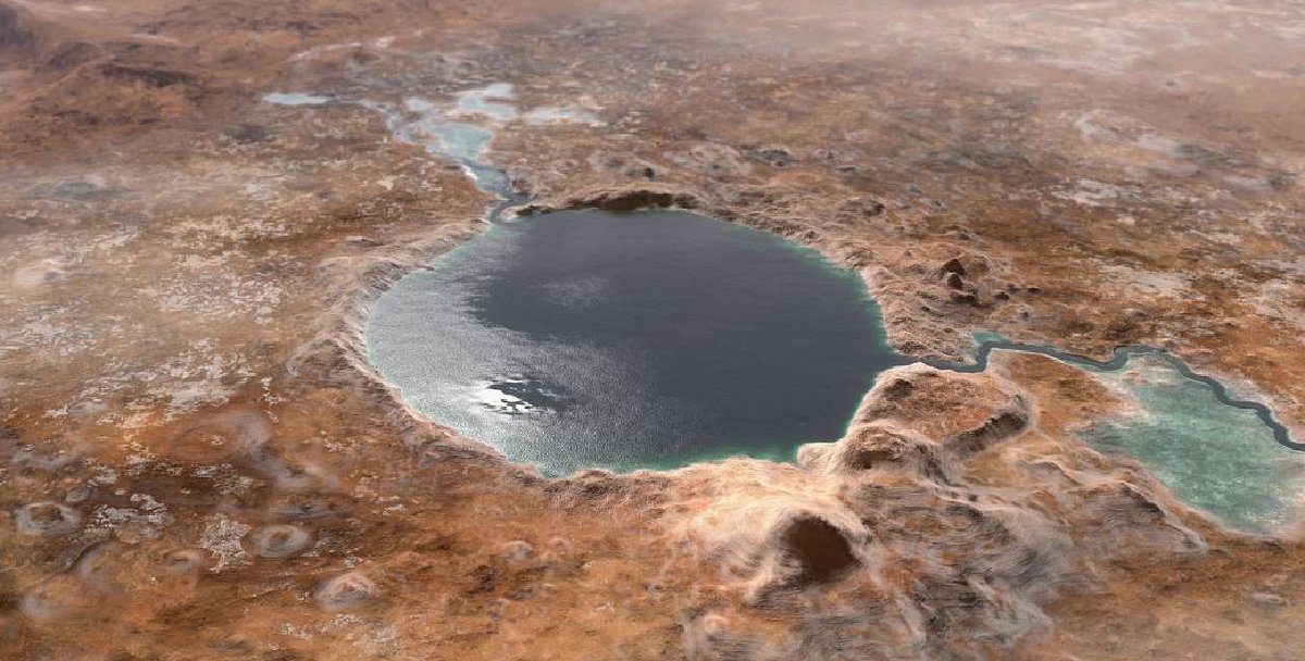 A large crater on Mars is filled with water, appearing as a lake with rivers emptying into it.