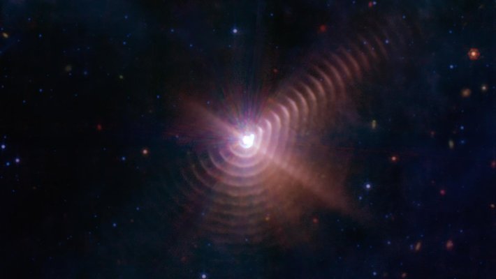 Dust rings seen surrounding a bright pair of stars.