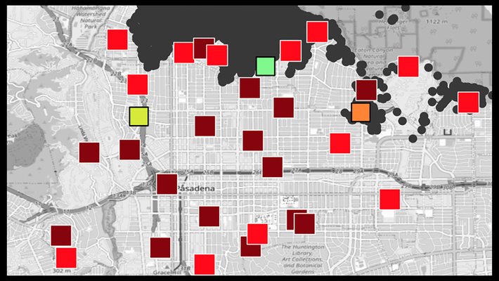 Map of Altadena and Pasadena with squares in shades of red indicating lead levels in samples
