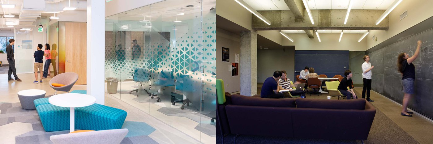 students standing in bright hallways with colorful furniture - students gathered in front of floor to cieling chalkboard collaborating
