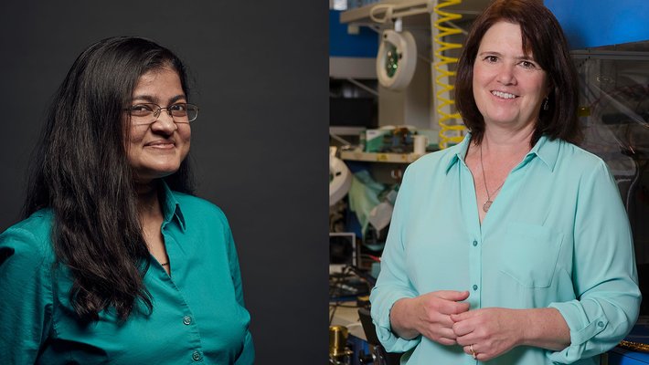 split-screen image, woman in glasses and dark teal shirt on left, woman in light teal shirt in a laboratory on right