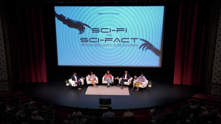 Panelists sit on stage in front of a large screen