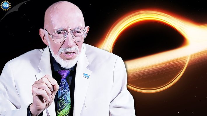 Illustration of Kip Thorne in front of an astronomical background