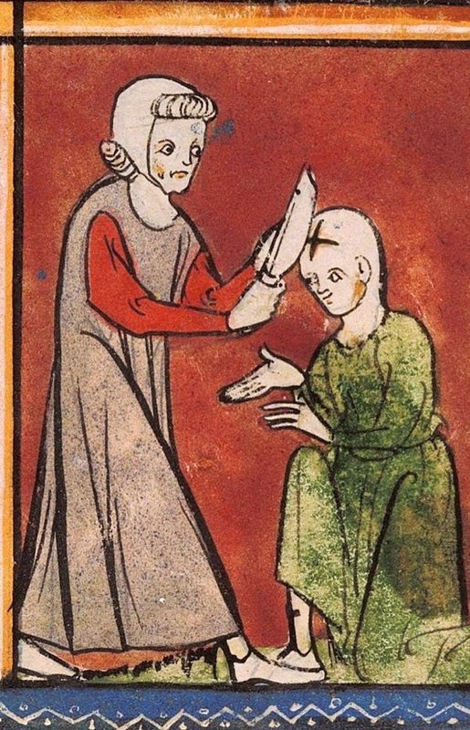 A medieval illustration of a man attacking another man with a knife.