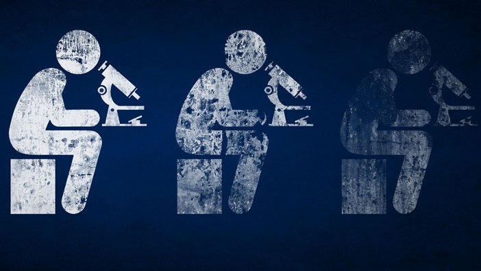 A graphic showing a scientist looking into a microscope. The image is duplicated four times, with each copy becoming more obscured than the last 