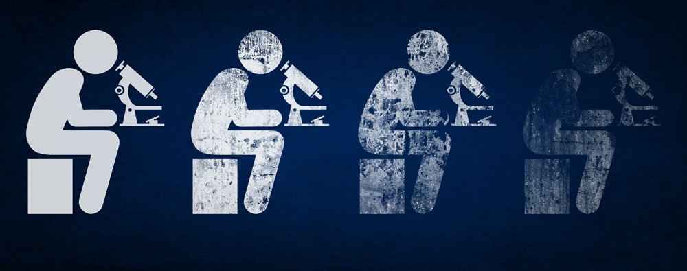 A graphic showing a scientist looking into a microscope. The image is duplicated four times, with each copy becoming more obscured than the last 