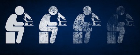 A graphic showing a scientist looking into a microscope. The image is duplicated four times, with each copy becoming more obscured than the last 