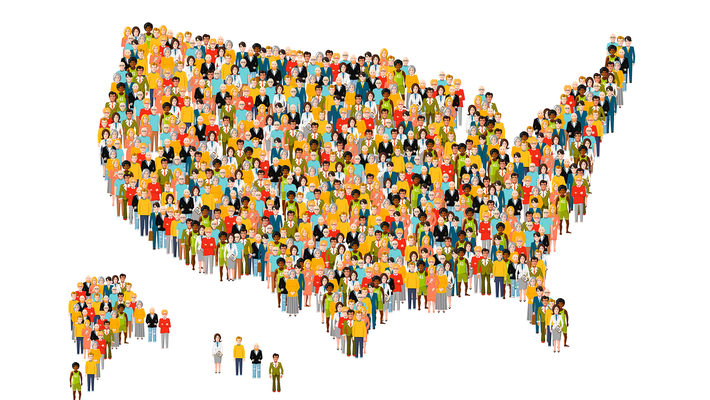 Illustration of the United States made up of small illustrations of diverse people