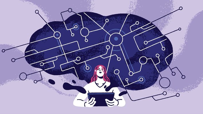 Illustration of a person using a tablet with a large, abstract network cloud symbolizing technology and ideas above them.