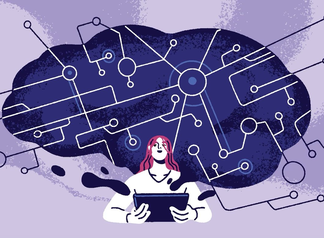 Illustration of a person using a tablet with a large, abstract network cloud symbolizing technology and ideas above them.