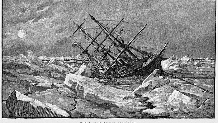A woodcut showing the U.S.S. Jeannette being crushed by sea ice. 