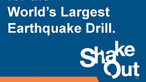 Text on blue background asking people to join the ShakeOut Drill
