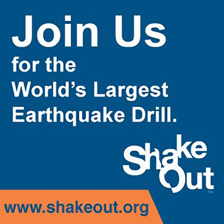 Text on blue background asking people to join the ShakeOut Drill