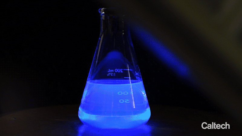An ultraviolet light wand passes by a flask of liquid, which glows blue in response.