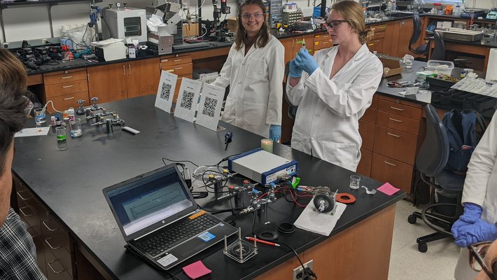 Caltech students Virginia Cainstraight (left) and Claire Perhach (right), present to Muir High School students at the annual Senior Design Showcase.